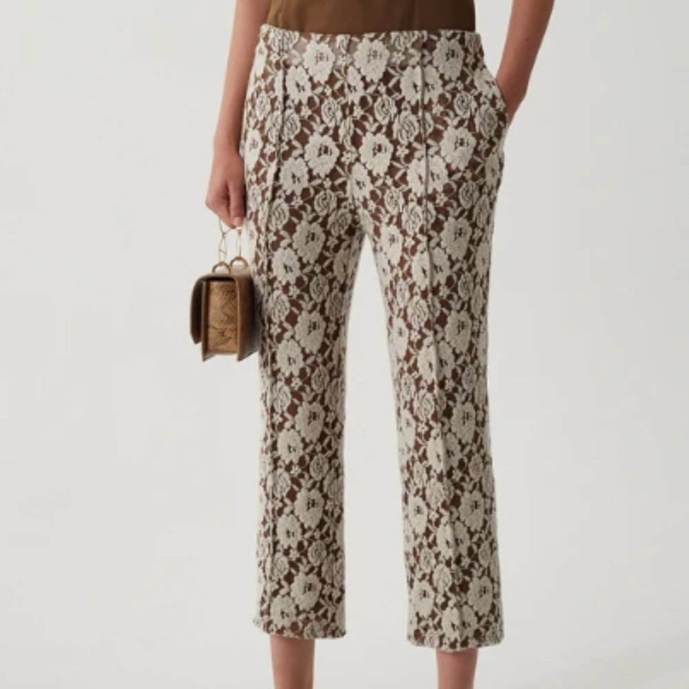 Rejina Pyo Cream and Brown Lace Overlay Trousers